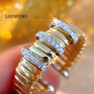 LUOWEND 100% 18K White+Yellow Gold Rings 6.3mm Width Ring Real Natural Diamond Engagement Ring for Women Luxury Party Jewelry
