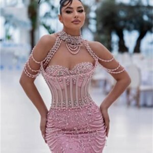 Newest Dubai Pink Pearls Evening Dresses Elegant Mermaid Beading Prom Dress Robes De Soiree Women Wedding Party Dress Customized
