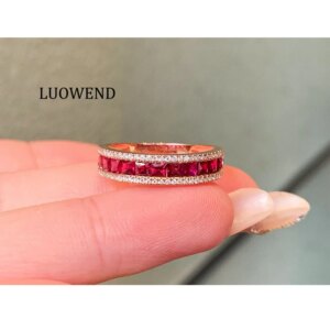LUOWEND 100% 18K Rose Gold Rings Shiny Diamond Natural Ruby Ring Luxury Classic Design High Gemstone Jewelry for Women