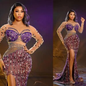 Purple Mermaid Prom Dresses Sheer Jewel Neck Crystals Sequined Evening Dress Formal Party Second Engagement Gowns Customized