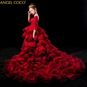 Luxury Burgundy Pageant Flower Girl Dress Beauty Contest Gown For Wedding Princess Birthday Party Custom Made Evening Gown