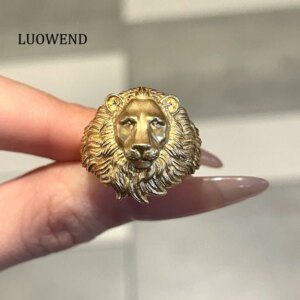 LUOWEND 100% 18K Yellow Gold Rings Luxury Lion Shape Cocktail Ring for Women Senior Banquet Cool Girl Style High Party Jewelry