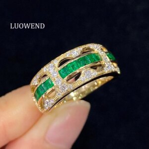 LUOWEND 100% 18K Yellow Gold Rings Luxury Skeleton Design Natural Emerald Engagement Ring for Women High Gemstone Jewelry