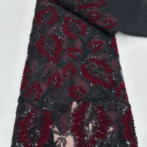African Velvet Lace Sequins Beads Fabric Wine High Quality Nigerian Lace Embroidered Fabric For Women Wedding Party Sewing