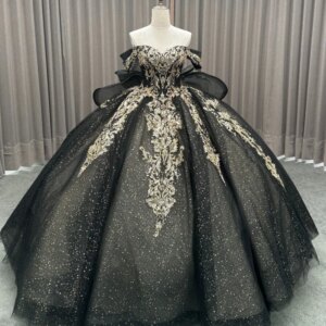 Black Shiny Princess Quinceanera Dresses Off Shoulder Applique Lace Beads Bow Tull Corset Sweet 16 Dress Ball Gown Vestidos 15
