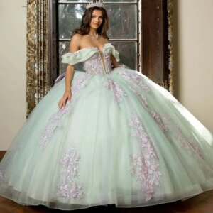 Customized Shiny Mint Green Quinceanera Dresses Tull Bow Off the Shoulder Rhinestones Appliques Vestidos De 15 Quinceaner