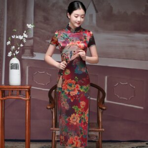 Out of Stock Spring and Summer Improved High Quality Real Silk Slit Long Cheongsam Qipao Women’s Dress