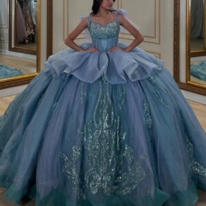 Blue Shiny Quinceanera Dresses Off Shoulder Ball Gown Sweet 16 Dress Beads Sequin Applique Lace Tull Birthday Party Vestidos 15