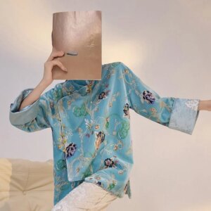 New Chinese style floral embroidery sequin shirt old money satin top