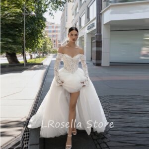 LRosella Wedding Dress Pearls Off-the-shoulder Ruched A-Line Lace Elegant Exquisite style Luxury فساتي2024 with Sweep Train