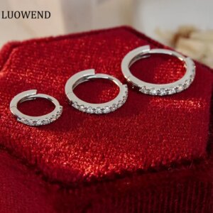 LUOWEND 18K White Gold Earrings 6/8/10mm Round Design Real Natural Diamond Hoop Earrings for Women Fashion Party Jewelry