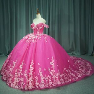 Customized Shiny Rose Red V-neck off the shoulder Quinceanera Dress Tull Lace butterfly applique vestidos de 15 Quinceanera