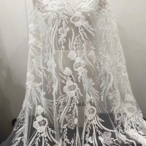 Hot Sale Flower Embroidered Lace Delicate Pearls and Heavily Beaded Fabric Bridal Dress Shining Sequins Lace Fabric