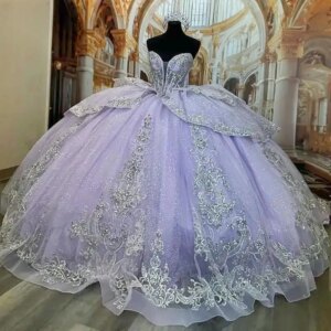 Customized Shiny Lilac Beading Crystal Ruffles Quinceanera Dresses Ball Gown Sweetheart Appliques Lace Bow Sweet 15 Años