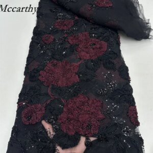 Latest Design African Elegant Handmade Beads Lace Fabrics Brown Luxury Nigerian Sequins Mesh Lace Fabric for Party Dress