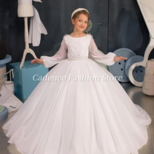 Customized Gorgeous White Long Sleeve Flower Girl Dresses Glitter Crystal Bow Princess Dresses Prom Dress Wedding Birthday Dress