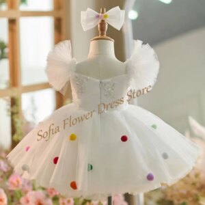 Ivory Flower Girl Dress A-Line Tulle Mini Sequined Short Sleeves Dresses With Colorful Ball First Communion Birthday Party Gowns