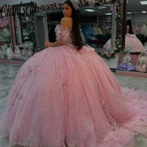 Pink Glitter Crystal Bow Quinceanera Dresses Ball Gown Off The Shoulder Appliques Lace Sweet 15 Años Mexican Customized