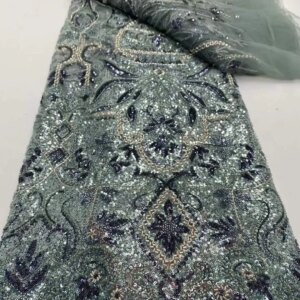 Nigerian French Sequins Lace Fabric Hot Sale Handmade 2025 Embroidered African Beaded Mesh Lace Fabric For Women Dress Sewing
