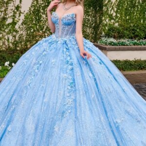 Sky Blue Shiny Princess Quinceanera Dresses Appliqued Flower Beads Tull Sweet 16 Dress Sweetheart Ball Gown Vestidos 15 De Anos