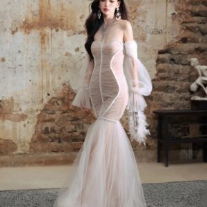 Customized Sexy Mermaid Organza Off The Shoulder Evening Dresses Delicate Long Sleeves Cocktail Dress Custom Size Part