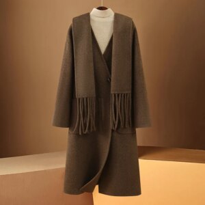 Women’s Autumn and Winter New Wool Double Sided Cotton Coat with Scarf Shawl Overknee Mid-Length Cardigan Coat Fashion