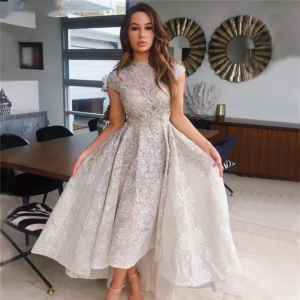 High Neck LuxuryCelebrity Prom Dresses Cap Sleeve Lace Beading Asymmetrical Party Evening robe soirée femme vestidos de gala