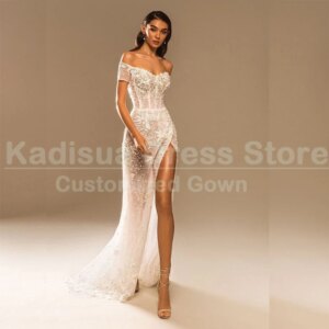 Exquisite Lace Evening Dresses Fashion Appliques Sleeveless Off the Shoulder Split Gowns Customzied Chapel Train Long Dress