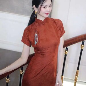 24mm pure silk jacquard satin short sleevedhandmade qipao cheongsam Chinese women tradition Hanfu Cheongsam