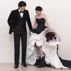 Fashion High Low Taffeta Bridal Gown Strapless Sleeveless Black And Ivory A Line Bridal Photoshoot Dress Elegant Wedding Dress