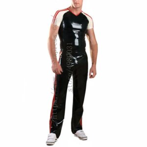 Sports style men’s casual suit set including black summer latex t-shirt and latex trousers with 2 red stripes decorations