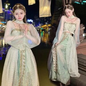 New Exotic Style Xishuangbanna Trip Shoot Popular Light Green Western Fishnet Red Photography Ethnic Clothing