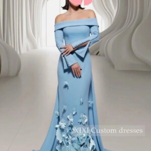 XIXI Customized Evening Dresses A-Line Off-The-Shoulder Neckline Hand-Made Flowers Prom Dresses Long Sleeves Floor-Length Lining