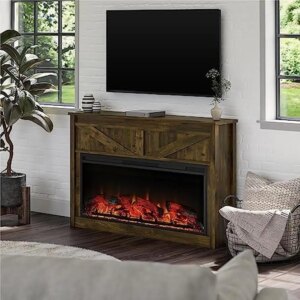 Modern Farmhouse Electric Fireplace Mantel 49″ Wide Century Barn Pine Adjustable Heat/Flame Settings Remote Control Fits 400 Sq