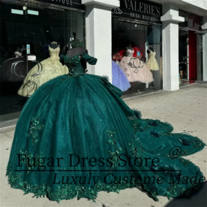 Emerald Green Shiny Ball Gown Quinceanera Dresses Appliques Flower Beads Off Shoulder Sweet 16 Dress Vestido De 15 Anos Lace-Up