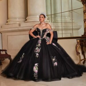 Customized Black Attractive Ball Gown Quinceanera Dress for Girl V Neck Bow Tulle Off the Shoulder Vestidos De 15 Anos