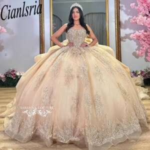 Champagne sweetheart art ruffles quinceanera dresses ball gown sequined appliques lace custom corset vestidos de XV anos