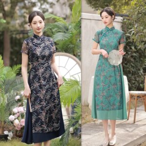 Long Cheongsam Qi Pao Dress Spring and Summer New Retro Ethnic Style Improved Short Sleeve Robe