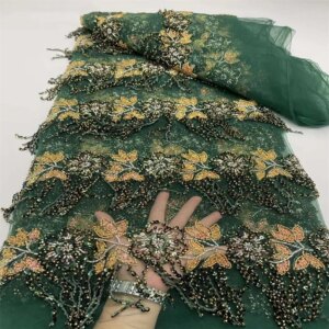 Luxury African French Beaded Lace Fabric 2024 High Quality Lace Embroidered Nigerian 3d Lace Sequins Tulle Lace 5 Yards For Sew
