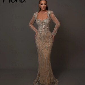 Luxury Champagne Long SLeeve Evening Dress Dubai Queen Anne Sparkly Beaded Wedding Party Gowns Customized Long Celebrity Dress