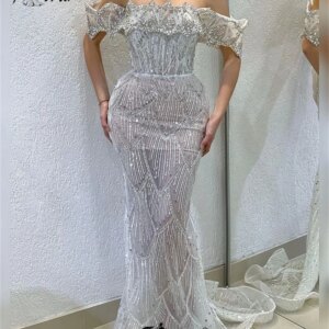 Off the Shoulder Mermaid Evening Dresses Full Crystal Beaded Illusion Formal Occasion Dress vestidos de fiesta Elegant Prom Gown