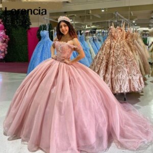 Lorencia Shiny Pink Quinceanera Dress Ball Gown Appliques Crystals Beading Mexican Corset Sweet 16 Vestidos De 15 Años YQD755