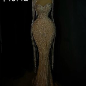Customized Heavy Beads Mermaid Evening Dresses With Long Tassels Shiny Stone Crystal Wedding Party Dresses robe de soiree femmes