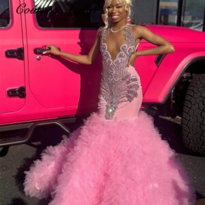 Pink Halter Tulle Ruched Prom Dress For Blackgirl Sexy Elegant Graduation Dress African Wedding Gowns robe de bal Customized