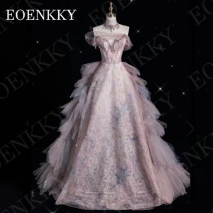EOENKKY Prom Dresses 2025 Luxury A Line Crystal V Neck Off Shoulder Graduation Dress Detachable Train Customized فساتين سهرات