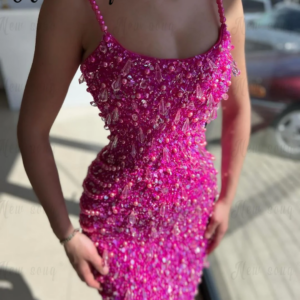 Summer Spaghetti Straps Party Dress Hot Pink Sequins Sheath Dress for Birthday Party Wear Homecoming Cocktail Dress Customized