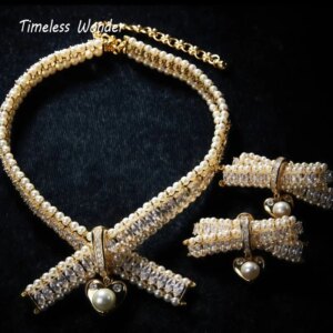 Timeless Wonder Retro Zircon Bowknot Heart Necklace N Stud Earrings Women Designer Fine Jewelry Set Trendy Top Classy Sweet 4612