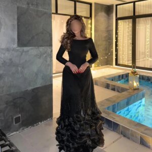 Customized Black A-Line Prom Dresses Floor-Length The Spoon Collar Full Sleeve Evening Dresses Fashion Lace Sequines Draped