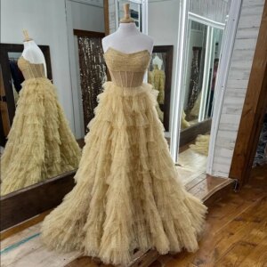 Glitter Ruffles Tier Prom Dresses 2024 Strapless Ruched Puffy Formal Gown Tulle Layered Junior Birthday Party Dress