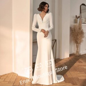 Sexy V-Neck Wedding Dress Long Sleeve Sheath Button Simple Backless Bride Gown Train Pleats Vestido De Novia Customized